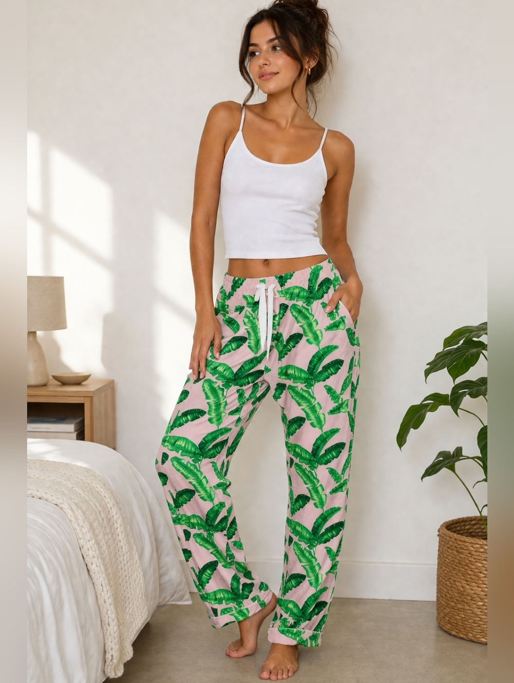 Sant & Abel Pink Green Palm Leaf Pajama Pants Tropical Punch Cotton S